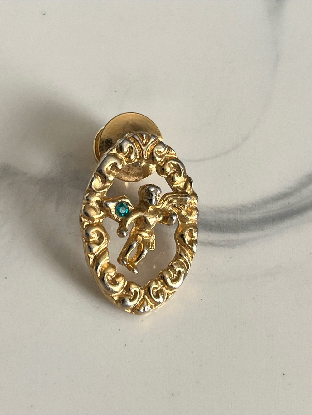 Vintage Style Gold Tone Angel Cherub Rhinestone Lapel Pin